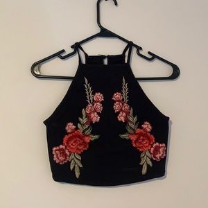 Symmetrical flower embroidered halter top